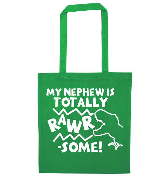 My nephew is totally rawrsome green tote bag