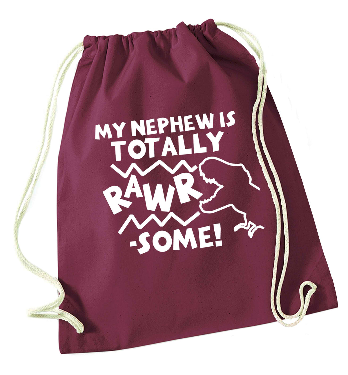 My nephew is totally rawrsome maroon drawstring bag