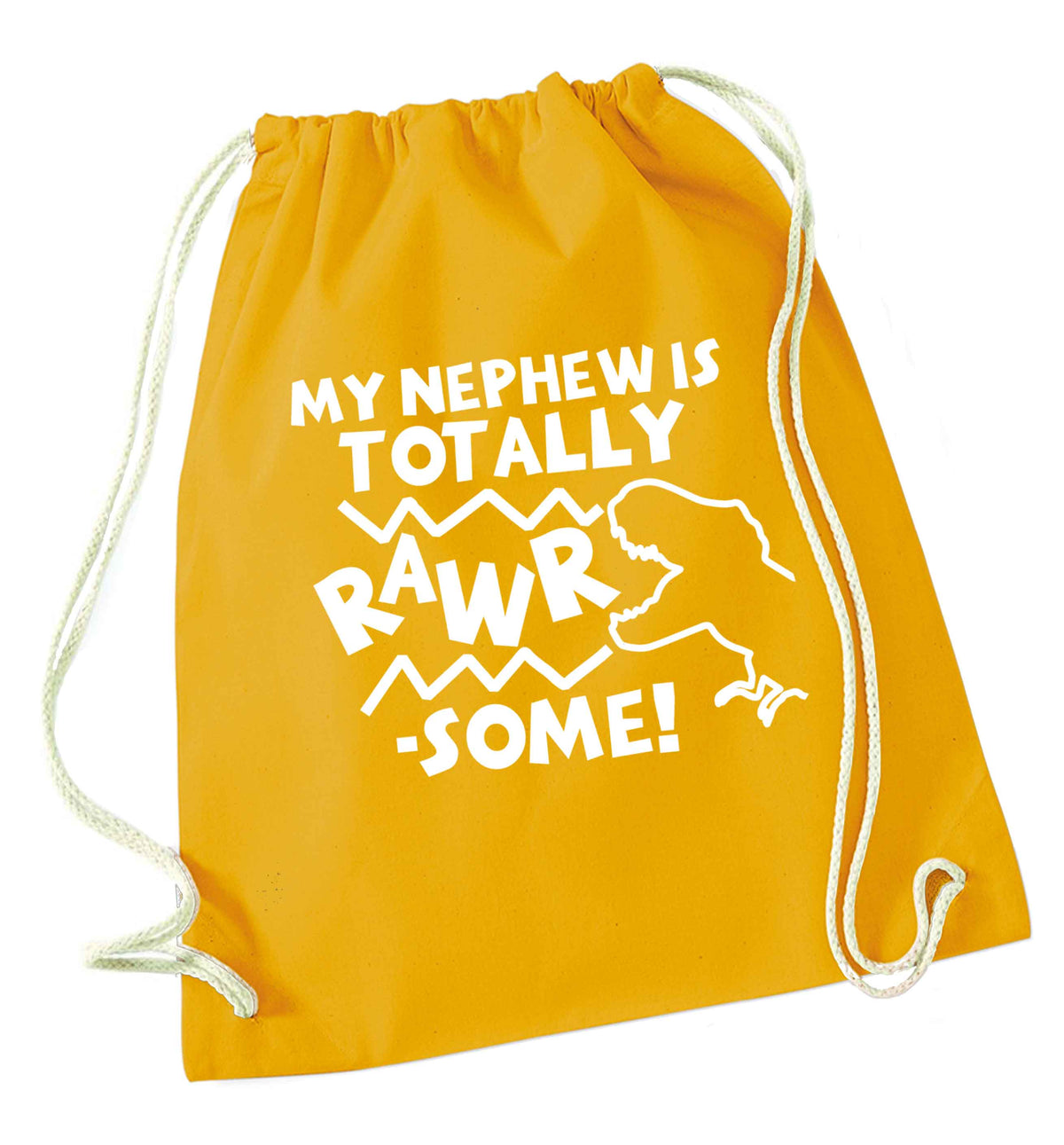 My nephew is totally rawrsome mustard drawstring bag