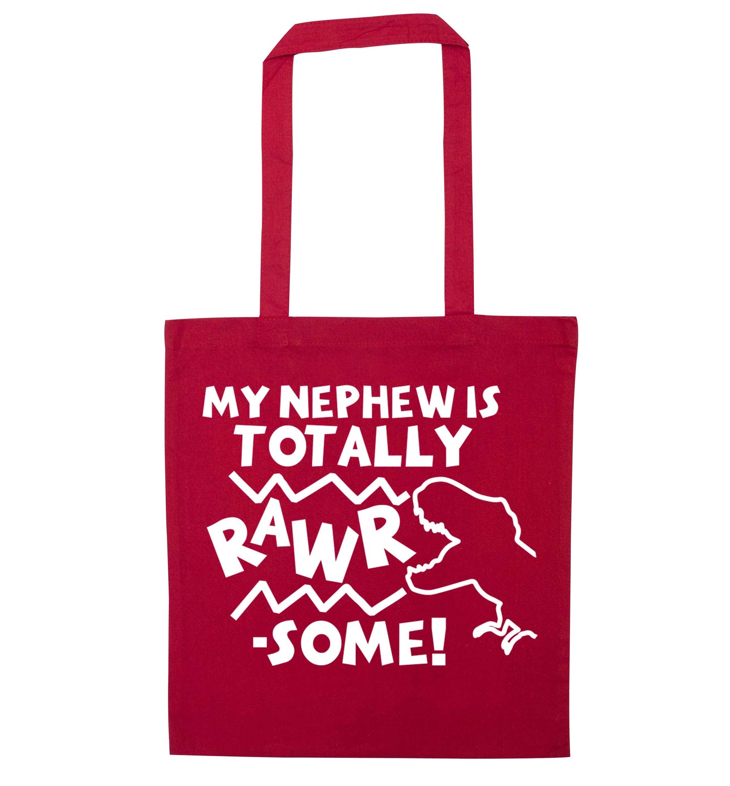 My nephew is totally rawrsome red tote bag