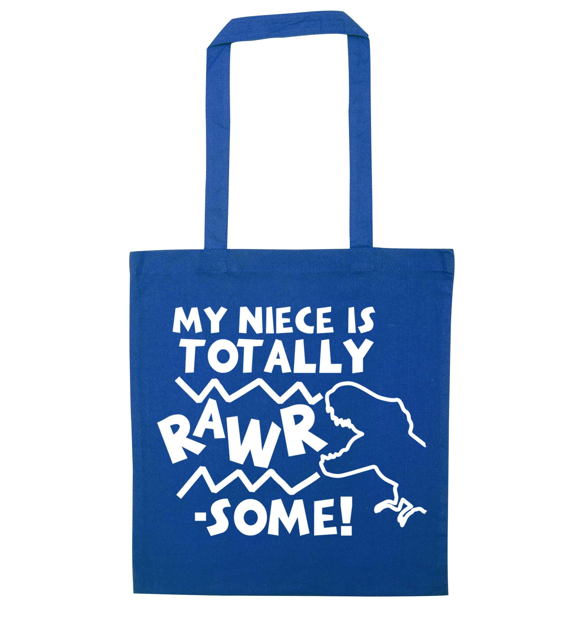 My niece is totally rawrsome blue tote bag