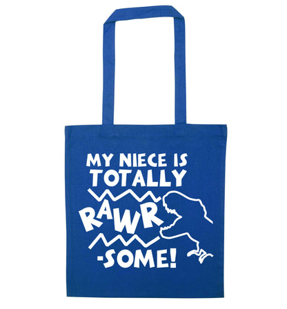My niece is totally rawrsome blue tote bag
