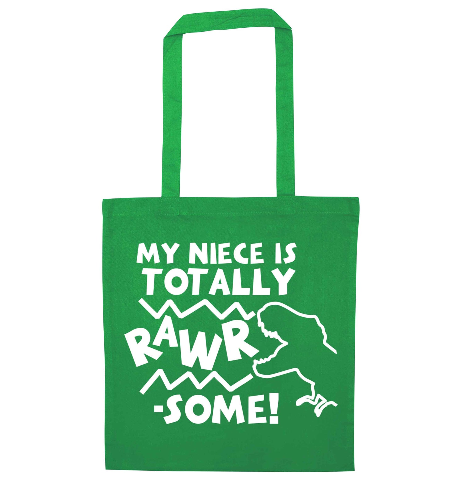 My niece is totally rawrsome green tote bag