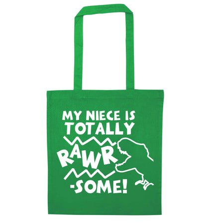 My niece is totally rawrsome green tote bag