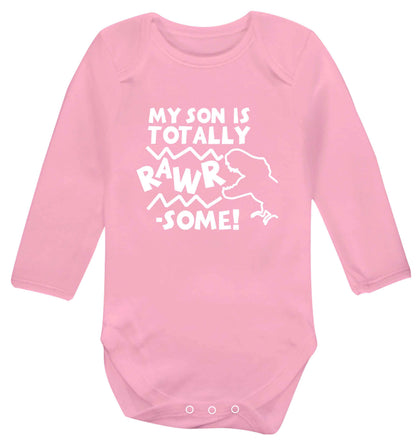 My son is totally rawrsome baby vest long sleeved pale pink 6-12 months