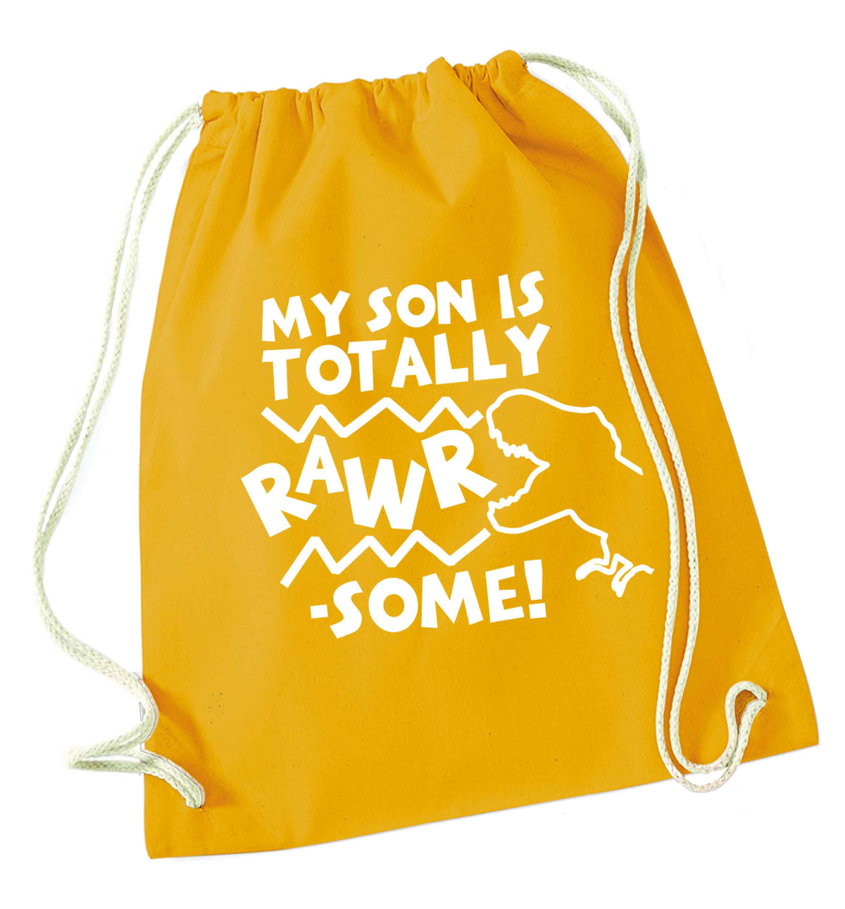 My son is totally rawrsome mustard drawstring bag