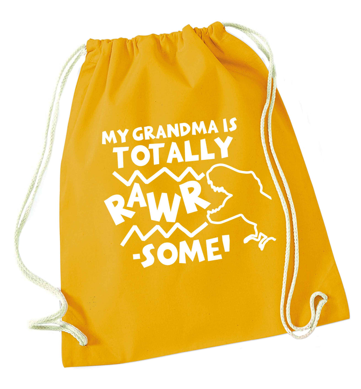 My grandma is totally rawrsome mustard drawstring bag