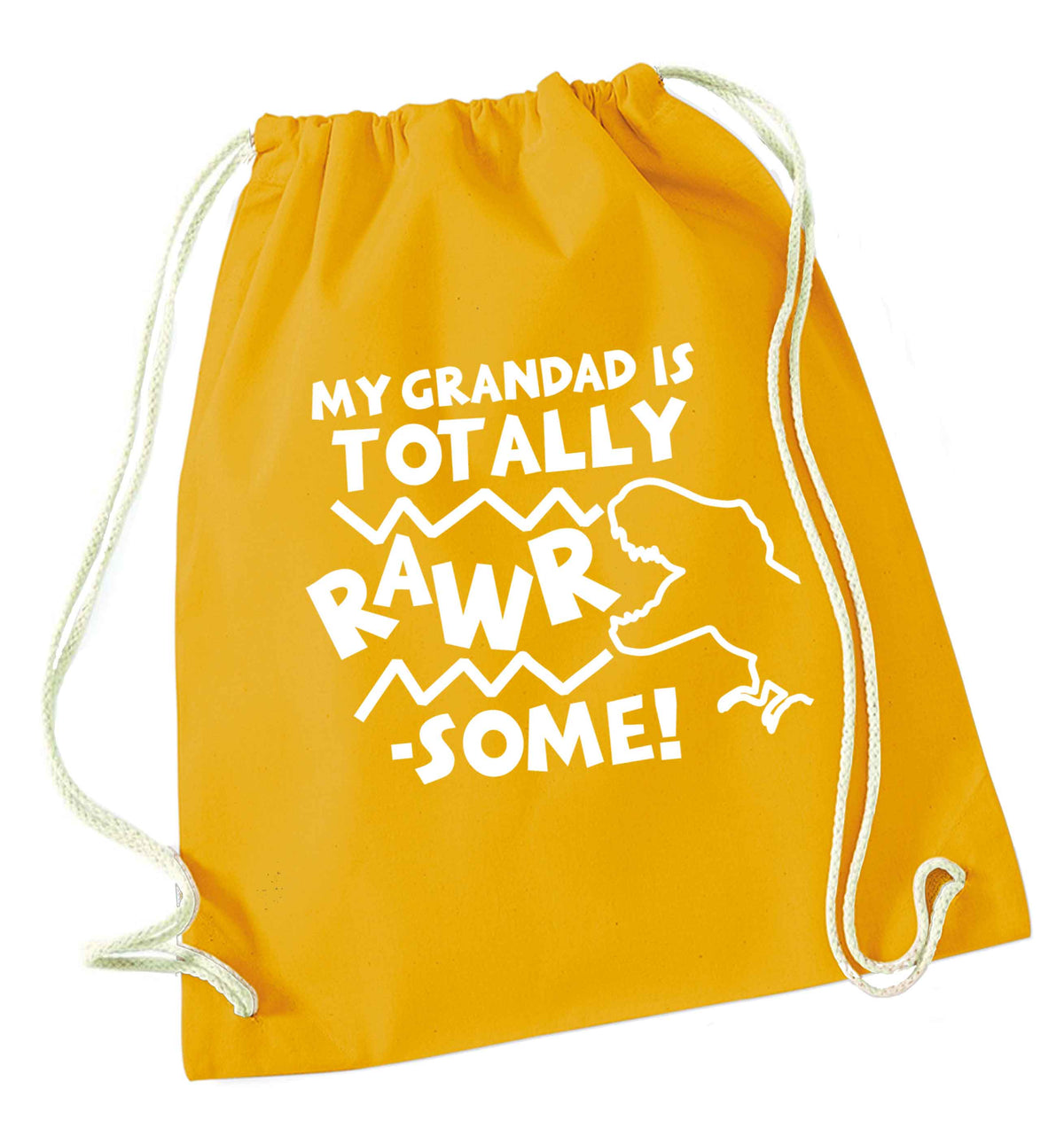 My grandad is totally rawrsome mustard drawstring bag