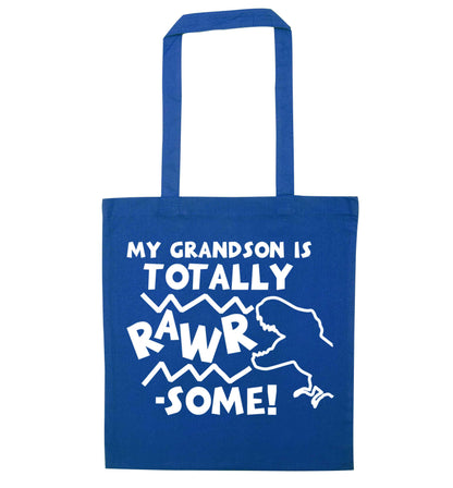 My grandson is totally rawrsome blue tote bag
