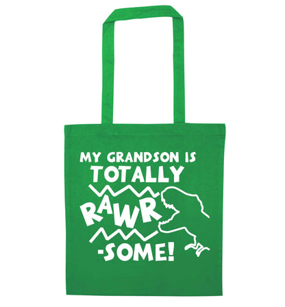My grandson is totally rawrsome green tote bag