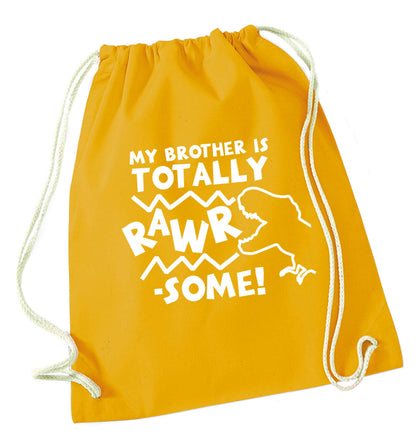 My brother is totally rawrsome mustard drawstring bag