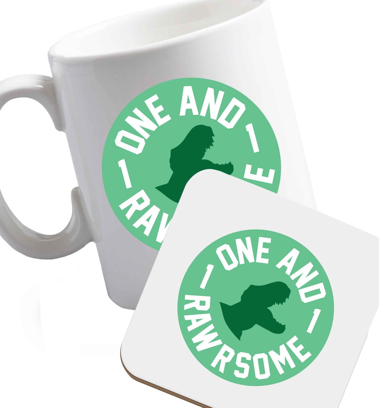10 oz One and Rawrsome ceramic mug and coaster set right handed