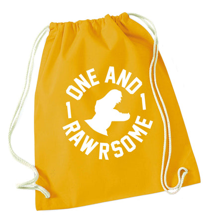 One and Rawrsome mustard drawstring bag