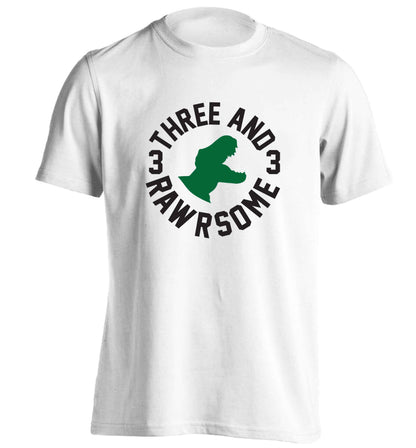 Three and rawrsome adults unisex white Tshirt 2XL