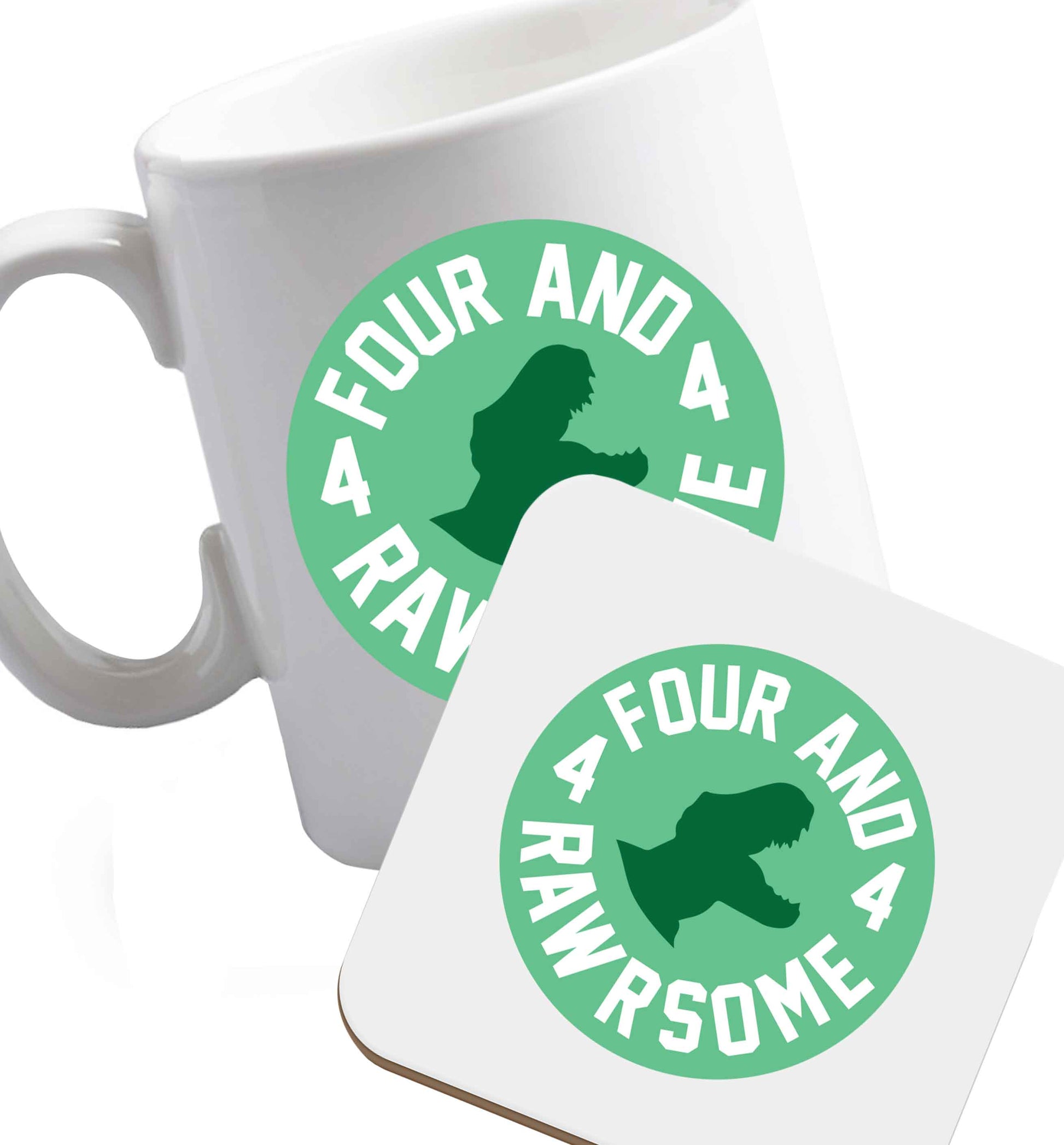 10 oz Four and rawrsome ceramic mug and coaster set right handed
