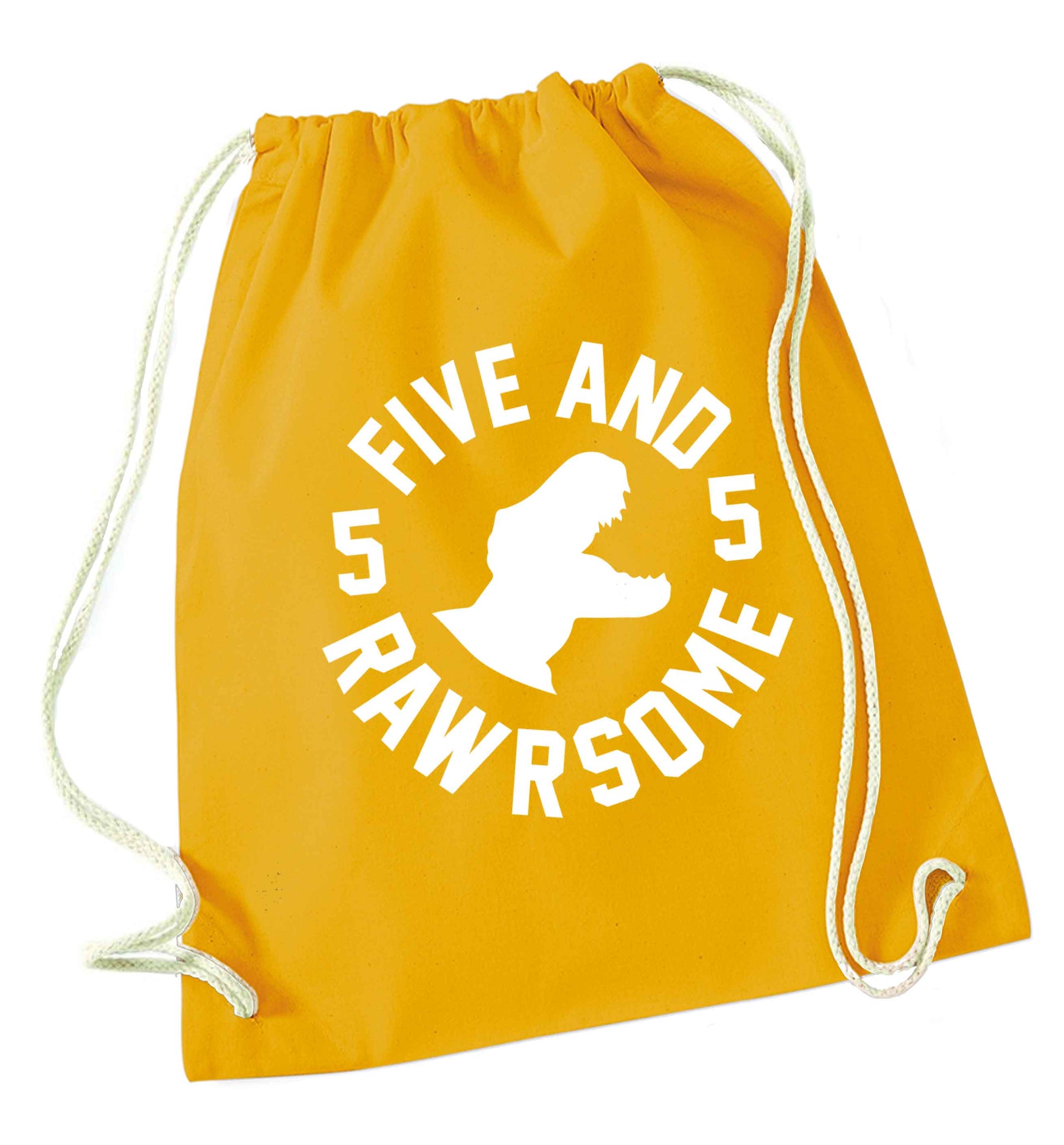 Five and rawrsome mustard drawstring bag