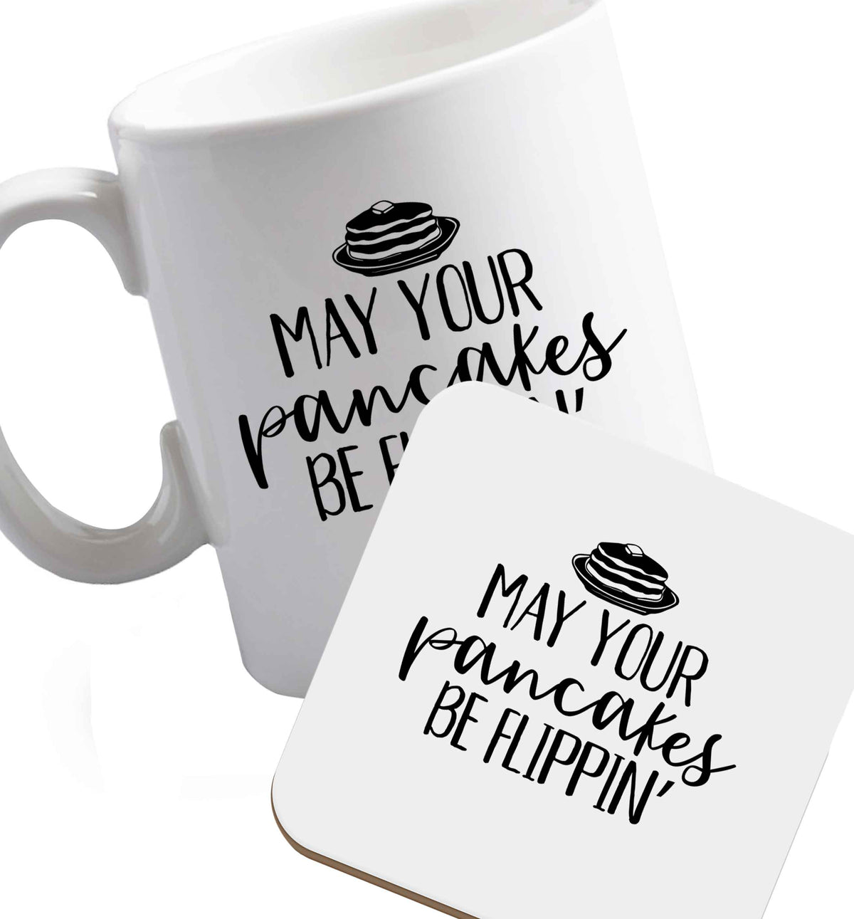 10 oz Favourite Type Pan Pancake ceramic mug and coaster set right handed