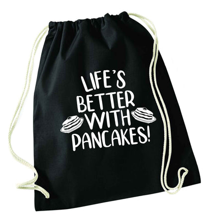 Life's better with pancakes black drawstring bag