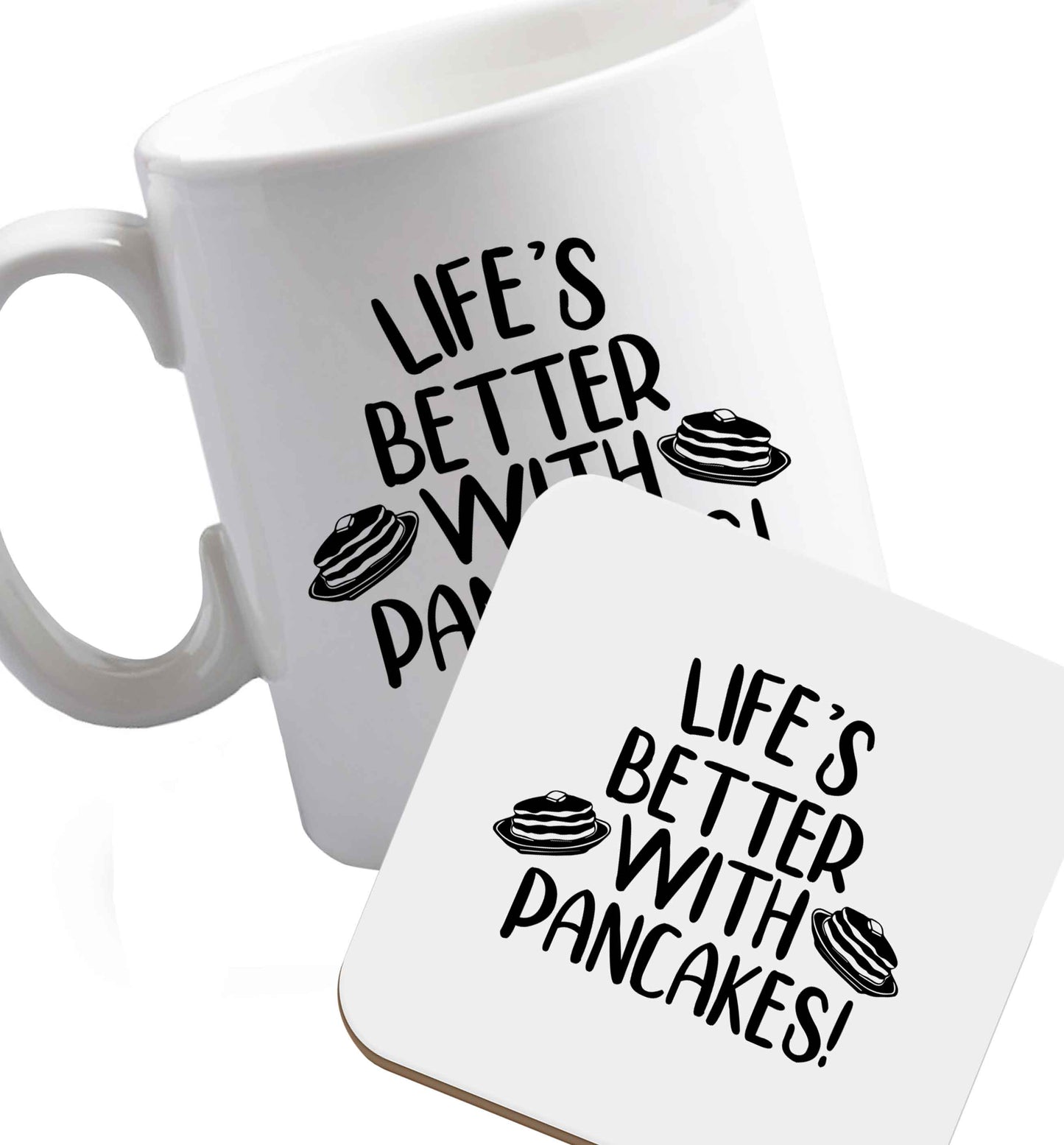 10 oz Favourite Type Pan Pancake ceramic mug and coaster set right handed