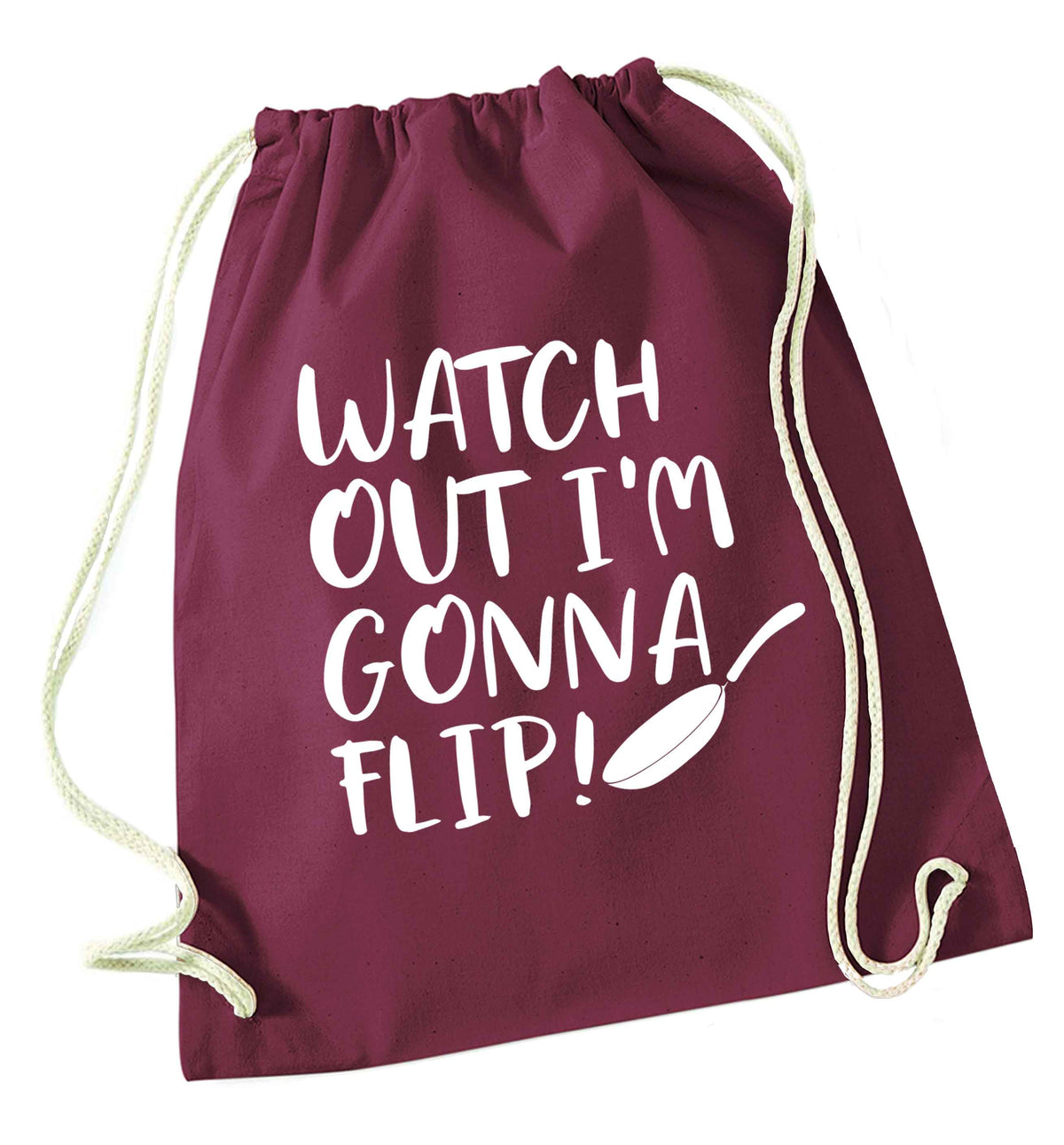 Watch out I'm gonna flip! maroon drawstring bag