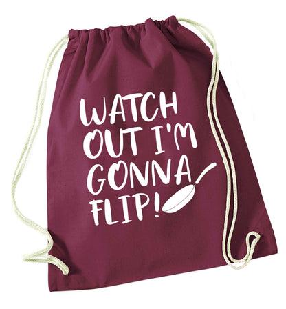 Watch out I'm gonna flip! maroon drawstring bag