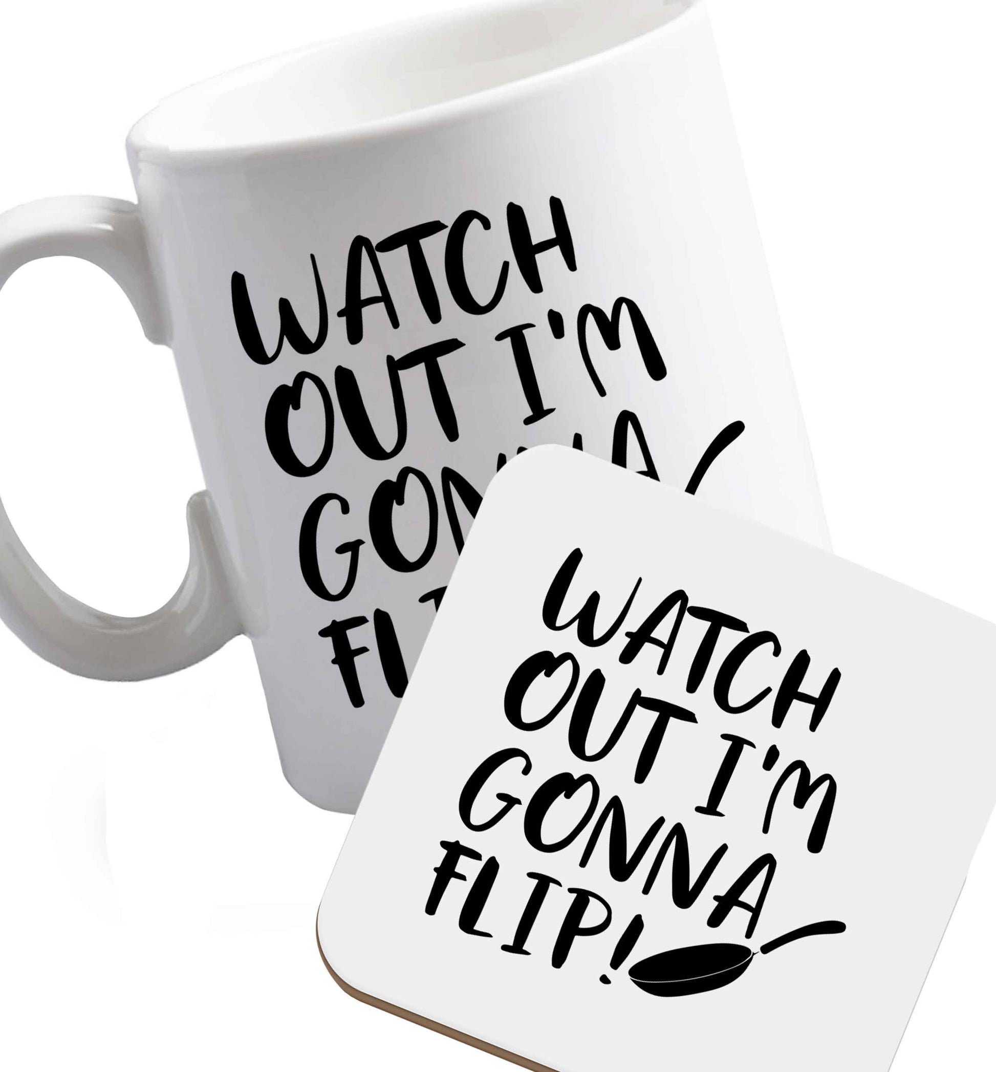 10 oz Favourite Type Pan Pancake ceramic mug and coaster set right handed