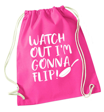 Watch out I'm gonna flip! pink drawstring bag