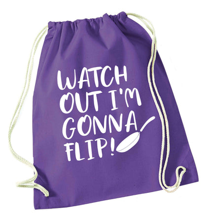 Watch out I'm gonna flip! purple drawstring bag