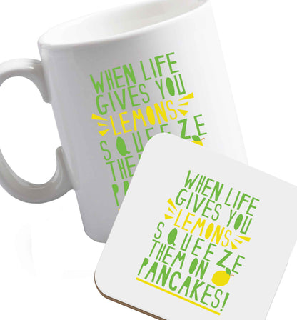 10 oz Favourite Type Pan Pancake ceramic mug and coaster set right handed