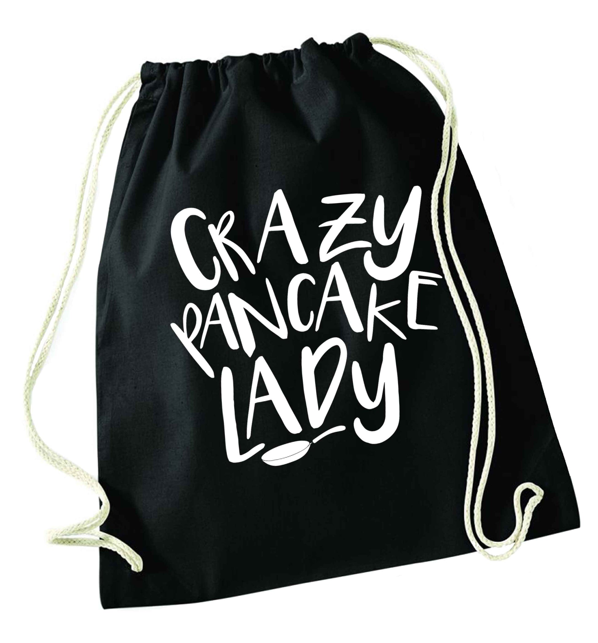Crazy pancake lady black drawstring bag