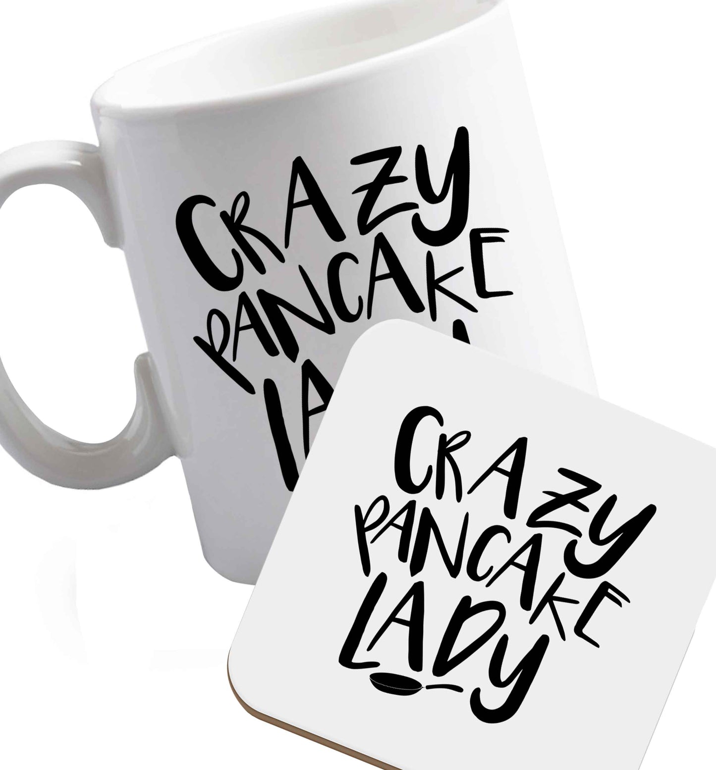 10 oz Favourite Type Pan Pancake ceramic mug and coaster set right handed