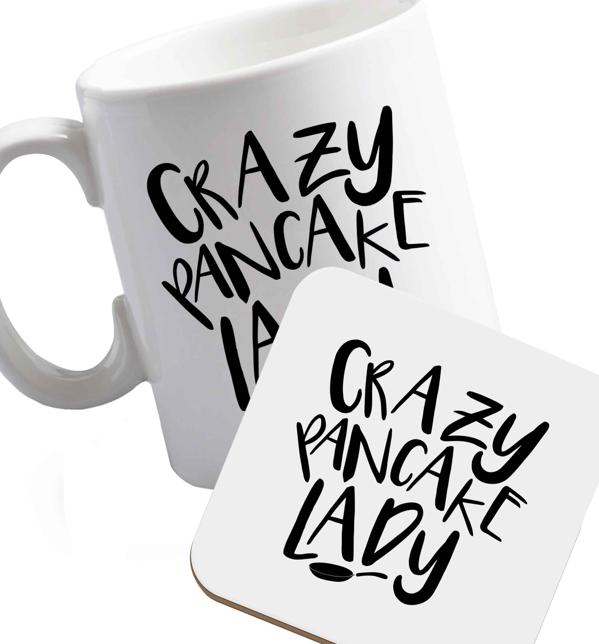 10 oz Favourite Type Pan Pancake ceramic mug and coaster set right handed