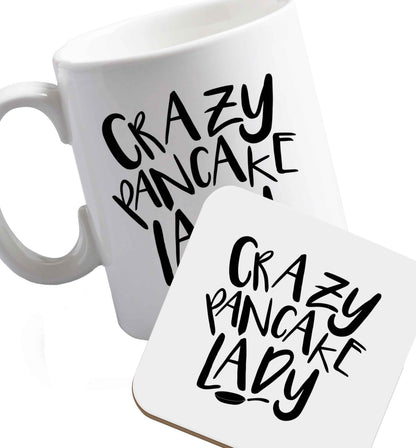 10 oz Favourite Type Pan Pancake ceramic mug and coaster set right handed