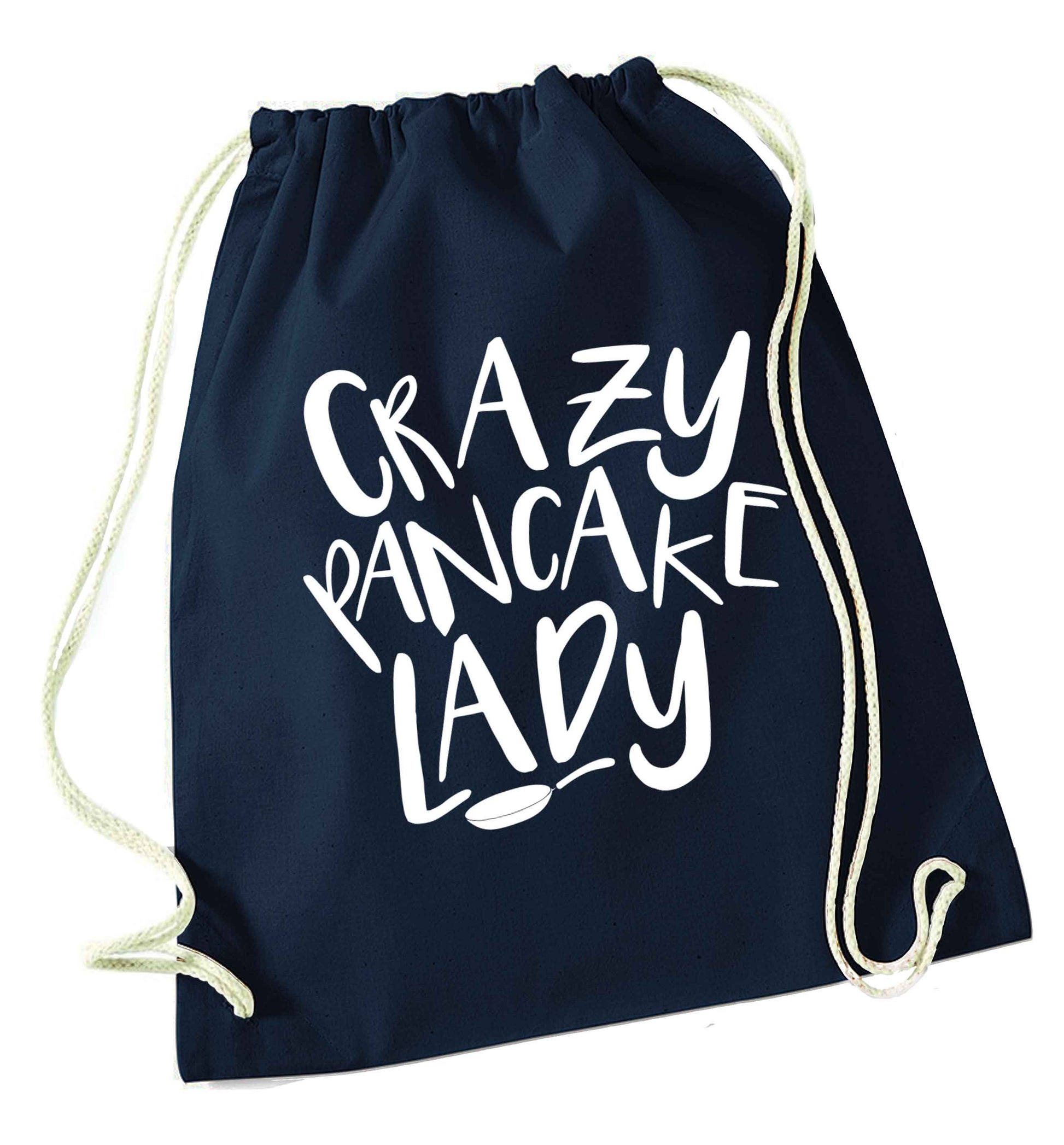 Crazy pancake lady navy drawstring bag