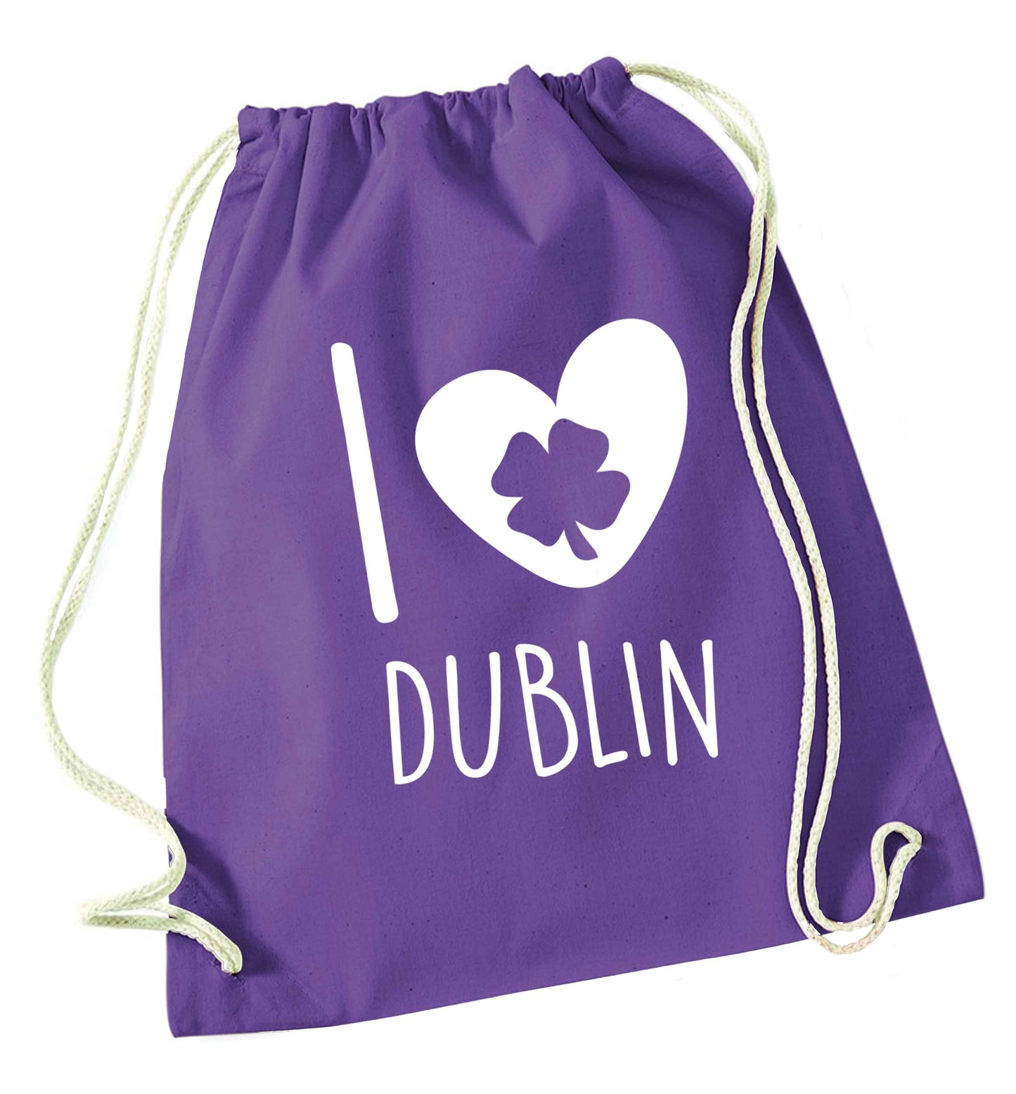 I love Dublin purple drawstring bag