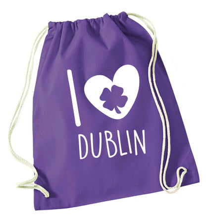 I love Dublin purple drawstring bag