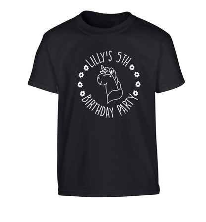 Personalised unicorn birthday party Children's black Tshirt 12-13 Years