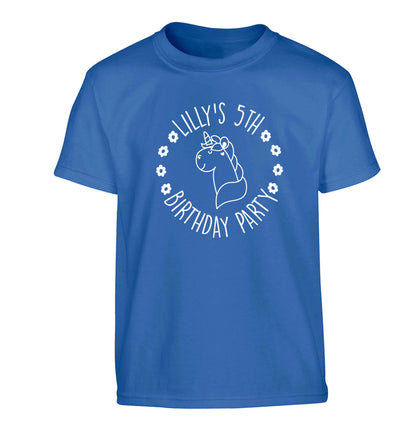 Personalised unicorn birthday party Children's blue Tshirt 12-13 Years