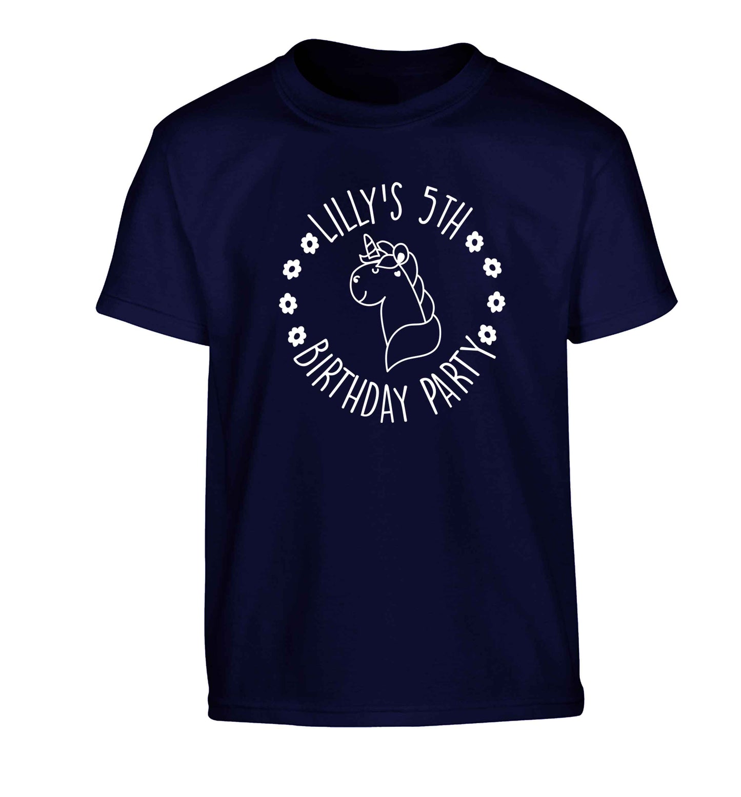 Personalised unicorn birthday party Children's navy Tshirt 12-13 Years