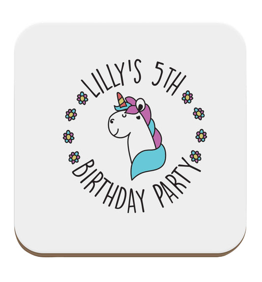 Personalised unicorn birthday party set of four coasters