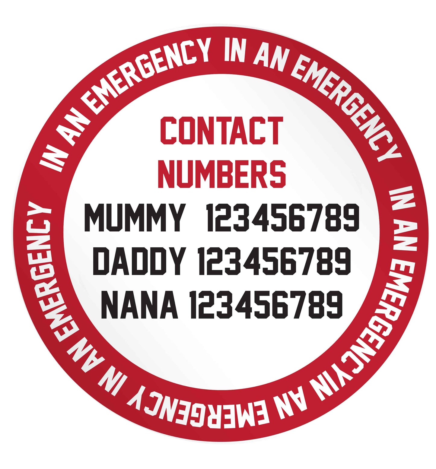 In an emergency contact 24 @ 45mm matt circle stickers