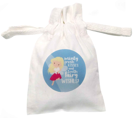 Minty fresh kisses and tooth fairy wishes | Organic Cotton drawstring bag | Flox Creative
