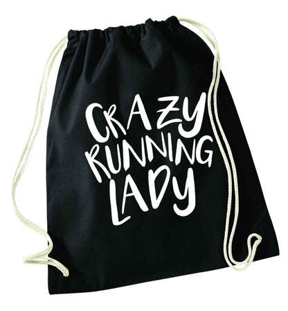 Crazy running lady black drawstring bag