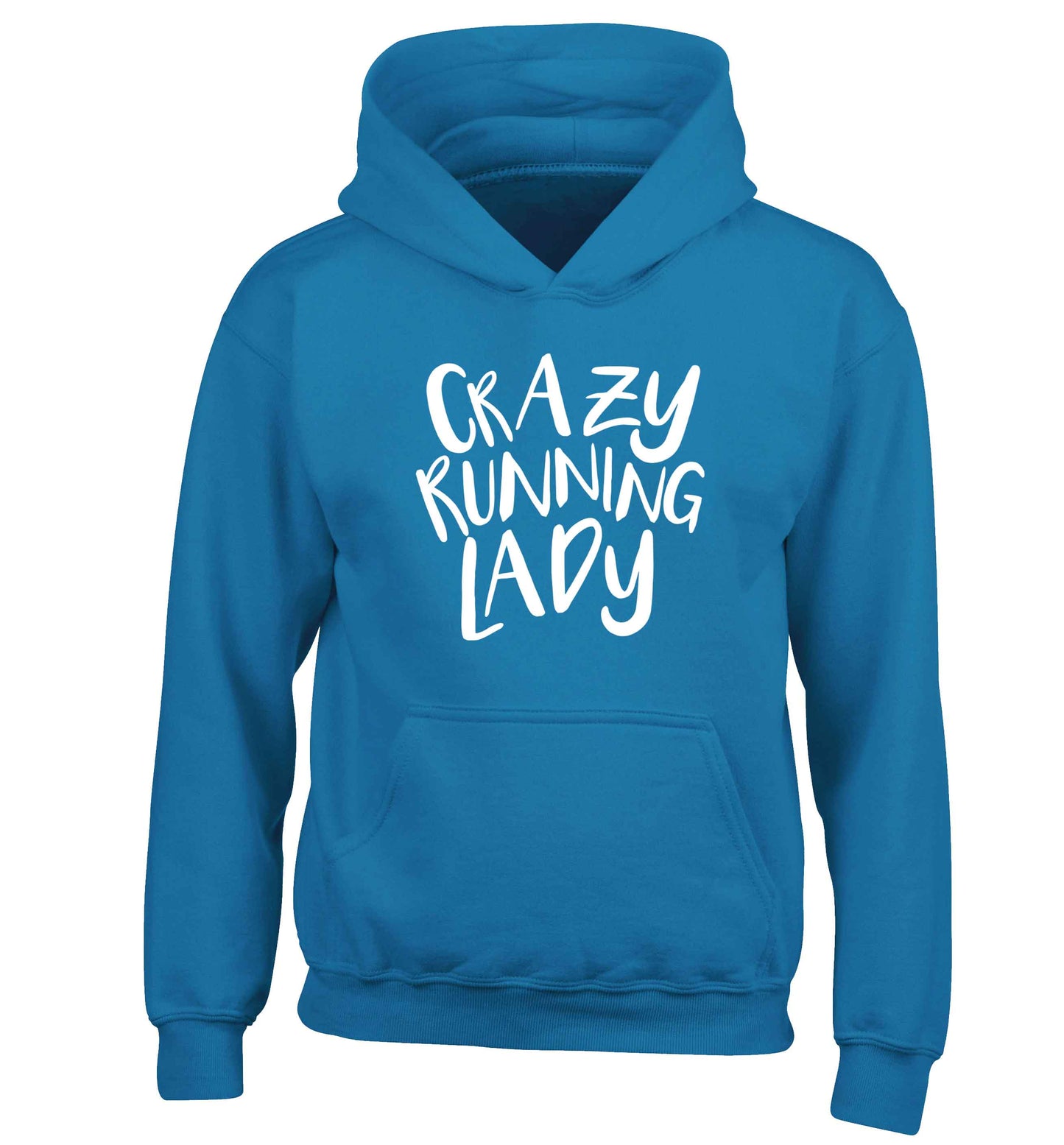 Crazy running lady children's blue hoodie 12-13 Years
