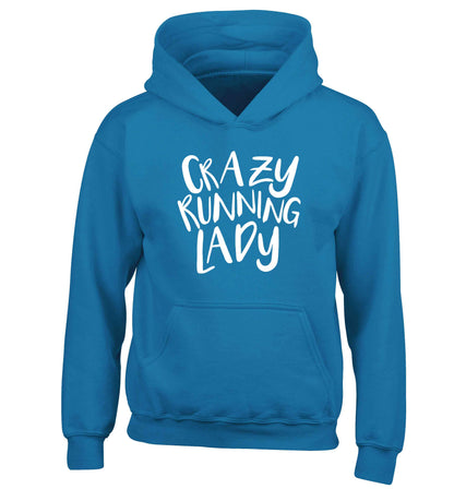 Crazy running lady children's blue hoodie 12-13 Years