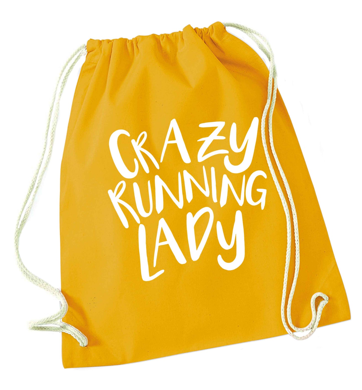 Crazy running lady mustard drawstring bag