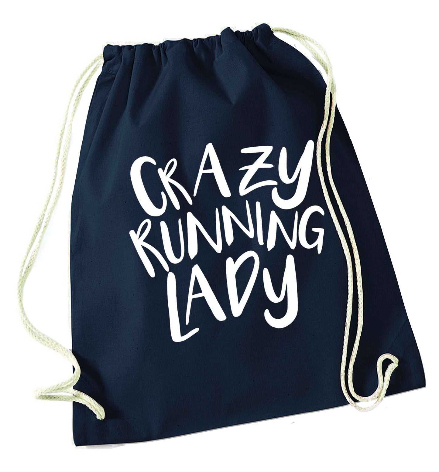 Crazy running lady navy drawstring bag
