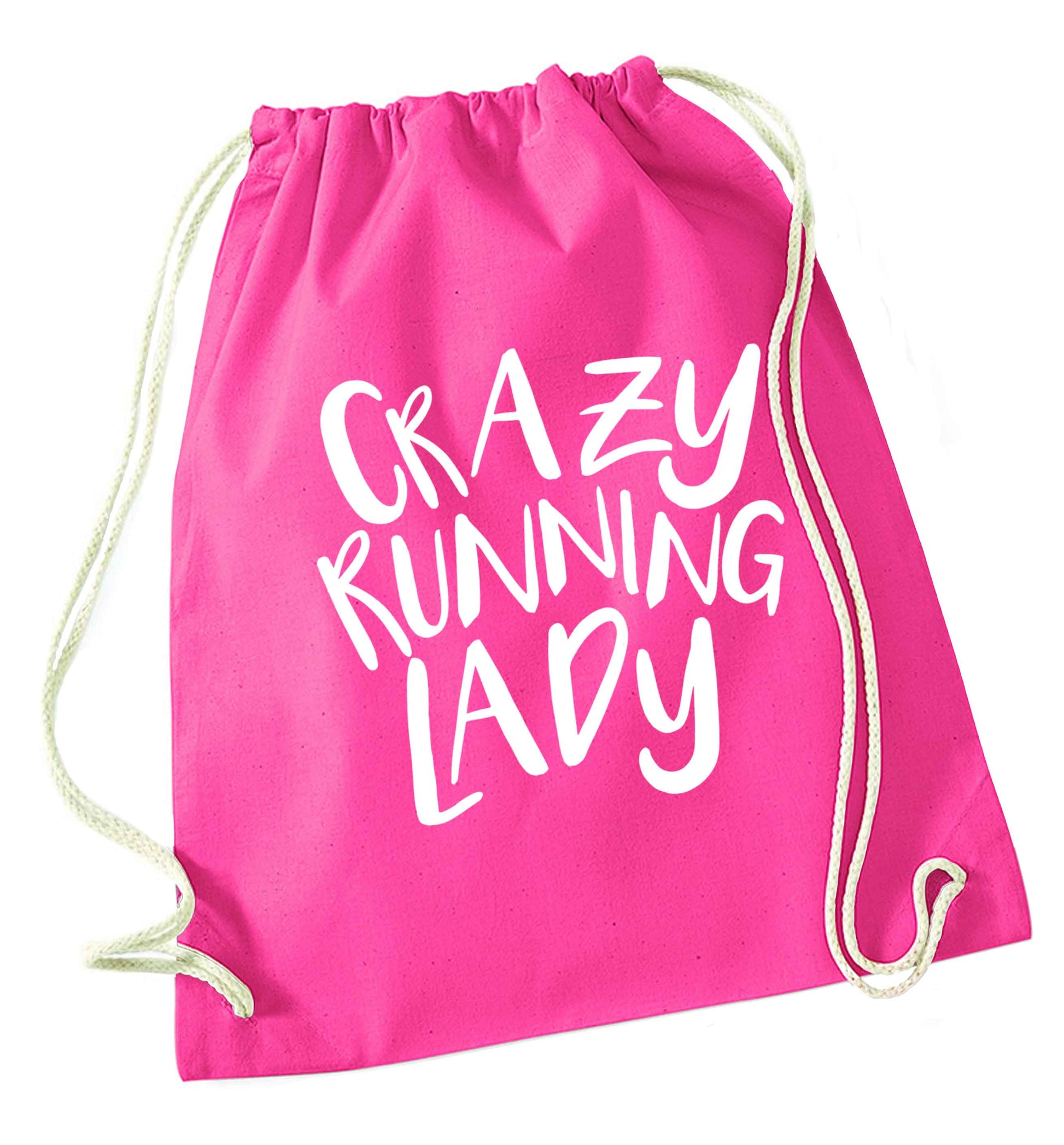 Crazy running lady pink drawstring bag