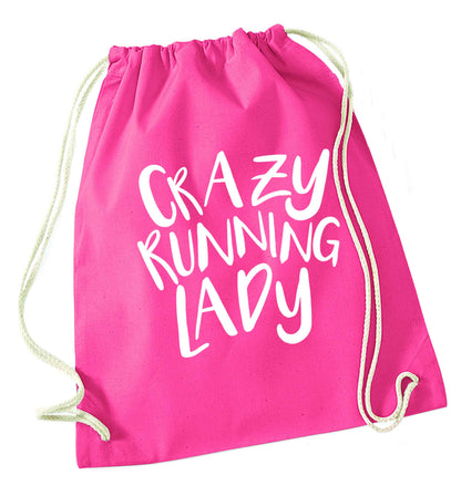 Crazy running lady pink drawstring bag