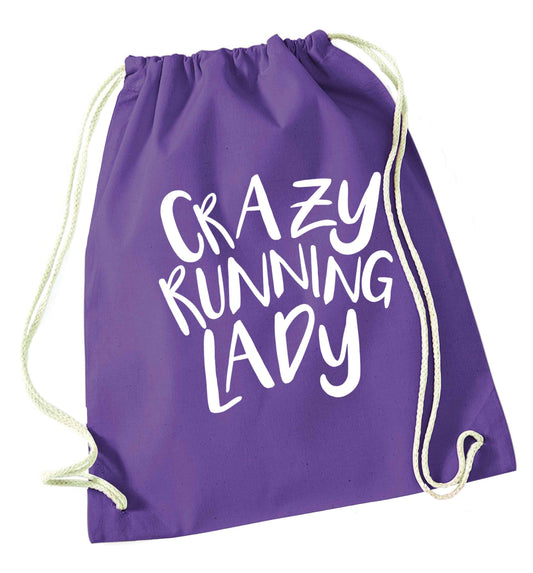 Crazy running lady purple drawstring bag